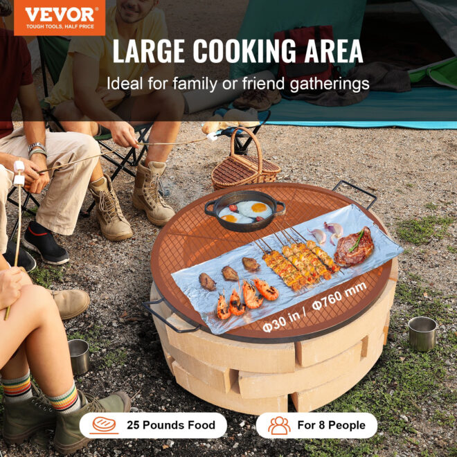 VEVOR X-Marks Fire Pit Grill Grate, Round Cooking Grate, Heavy Duty Steel Campfire BBQ Grill Grid with Handle and Support X Wire, Portable Camping Cookware for Outside Party & Gathering, 30 Inch Black - Image 2