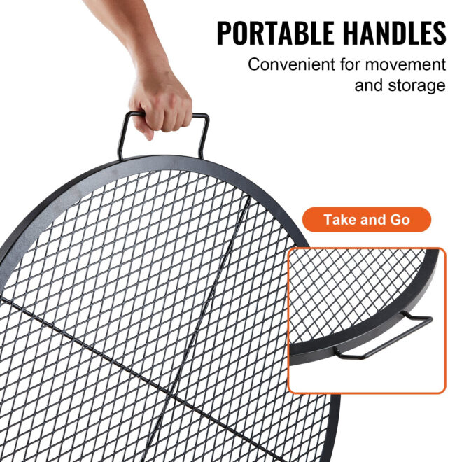 VEVOR X-Marks Fire Pit Grill Grate, Round Cooking Grate, Heavy Duty Steel Campfire BBQ Grill Grid with Handle and Support X Wire, Portable Camping Cookware for Outside Party & Gathering, 30 Inch Black - Image 5