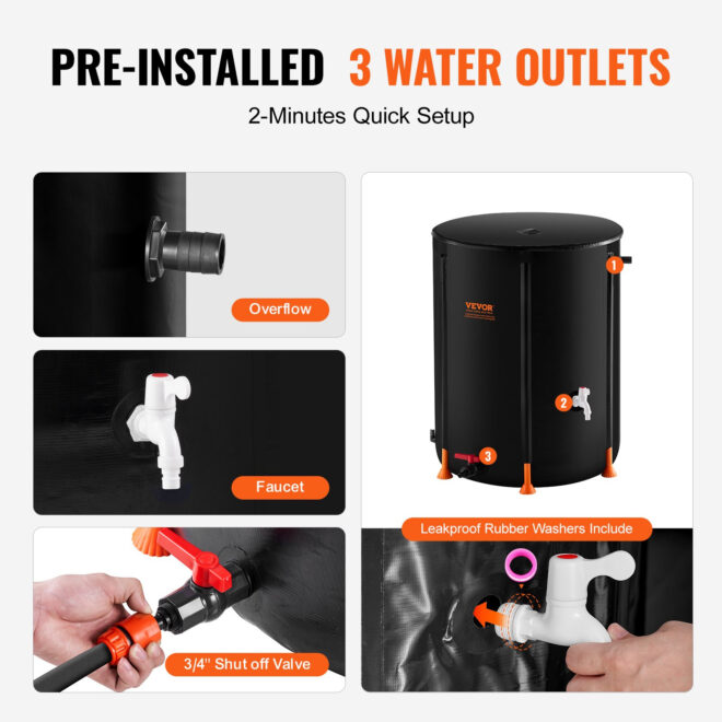 VEVOR Collapsible Rain Barrel 53 Gal Rain Catcher with Spigots and Overflow Kit - Image 5