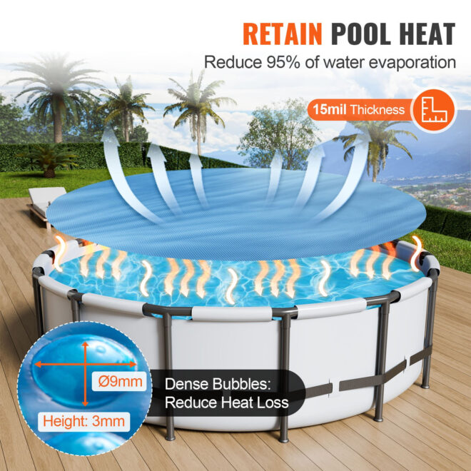 VEVOR Solar Pool Cover, Φ10 ft Round Solar Blanket for Pools, Inground Above Ground Swimming Pool Solar Cover, 15 mil Solar Covers Blue - Image 3