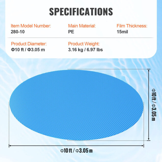 VEVOR Solar Pool Cover, Φ10 ft Round Solar Blanket for Pools, Inground Above Ground Swimming Pool Solar Cover, 15 mil Solar Covers Blue - Image 7