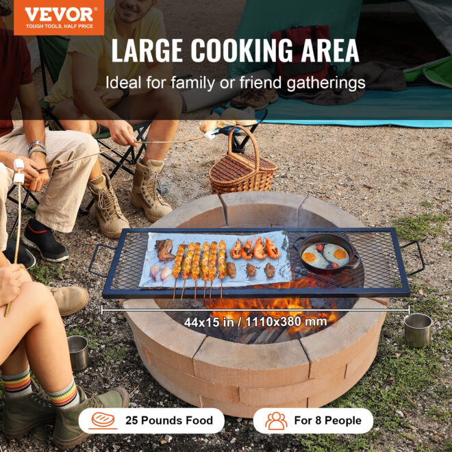 VEVOR X-Marks Fire Pit Grill Grate, Rectangle Cooking Grate, Heavy Duty Steel Campfire BBQ Grill Grid with Handle & Support X Wire, Portable Camping Cookware for Outside Party Gathering, 44 Inch Black - Image 2