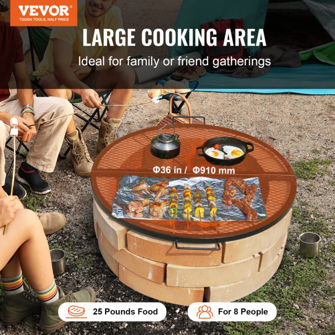 VEVOR X-Marks Fire Pit Grill Grate, Foldable Round Cooking Grate, Heavy Duty Steel Campfire BBQ Grill Grid with Handle and Support X Wire, Portable Camping Cookware for Outside Party, 36 Inch Black - Image 2