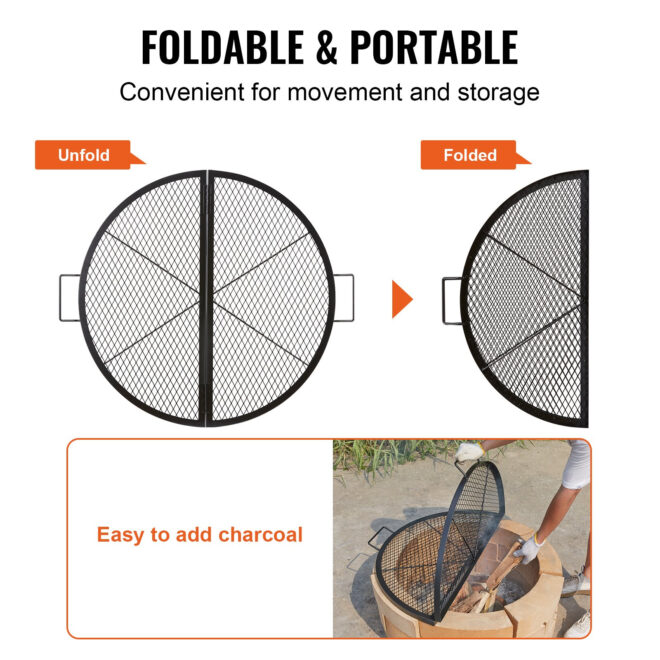 VEVOR X-Marks Fire Pit Grill Grate, Foldable Round Cooking Grate, Heavy Duty Steel Campfire BBQ Grill Grid with Handle and Support X Wire, Portable Camping Cookware for Outside Party, 36 Inch Black - Image 3