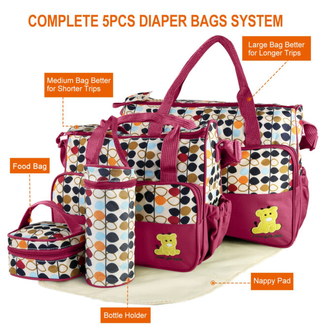 5PCS Baby Nappy Diaper Bags Set Mummy Diaper Shoulder Bags w/ Nappy Changing Pad Insulated Pockets Travel Tote Bags - Image 33