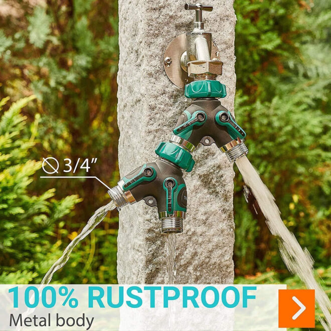 Water Splitter 2 Way Garden Y Hose Connector Metal Body Water Faucet Splitter with Comfortable Rubberized Grip 2 Way Hose Splitter Heavy Duty for Outdoor and Indoor Use Green Color - Image 3