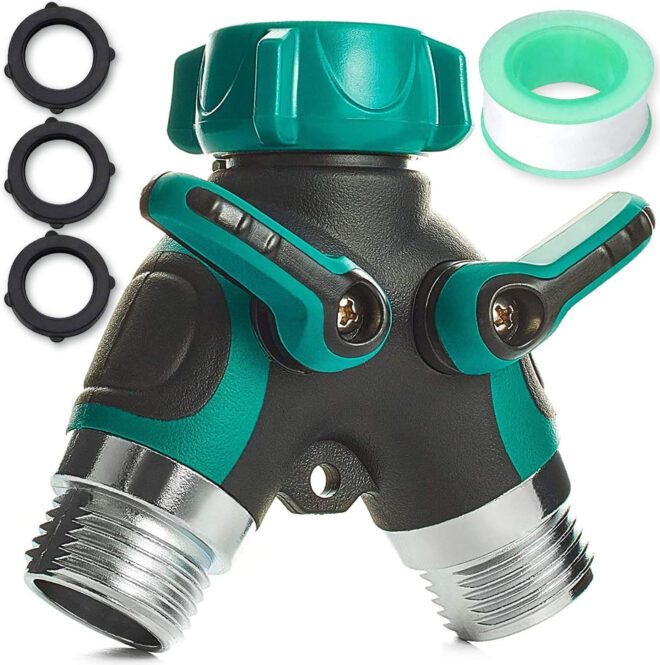 Water Splitter 2 Way Garden Y Hose Connector Metal Body Water Faucet Splitter with Comfortable Rubberized Grip 2 Way Hose Splitter Heavy Duty for Outdoor and Indoor Use Green Color