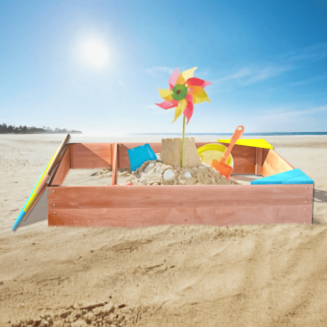 Children's Wooden Sandbox, Sandpit ,Kids Wood Playset Outdoor Backyard ,47.25"L x47.25"W x 7.87"H,Golden Red - Image 3