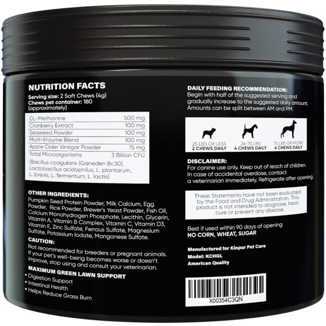 Green Lawn Chews for Dogs Cranberry ACV Digestive Enzymes Natural Dog Urine Neutralizer for Lawn Supports Healthy Bladder Urinary Tract 180 Tasty Dog Treats for Yellow Burn Grass Spots - Image 7