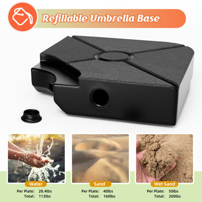 4-Piece 200lb Umbrella Base Outdoor Umbrella Stand Easy-Fill Square Shaped Cantilever Offset Filled with Water or Sand for Garden, Backyard and Poolside - Image 2
