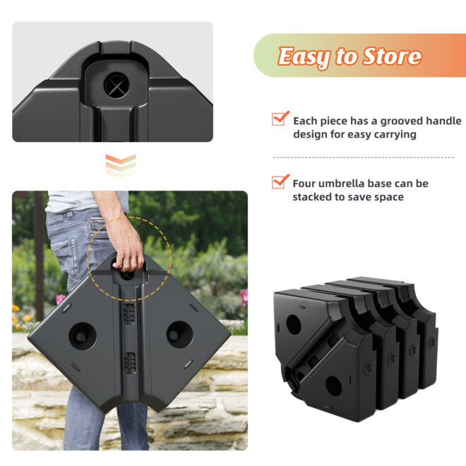 4-Piece 200lb Umbrella Base Outdoor Umbrella Stand Easy-Fill Square Shaped Cantilever Offset Filled with Water or Sand for Garden, Backyard and Poolside - Image 4