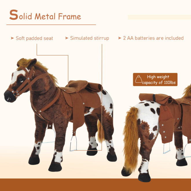 Qaba Sound-Making Ride On Horse for Toddlers 3-5, with Neighing and Galloping Sound, Stuffed Animal Horse Toy for Kids with Padding, Soft Feel, Brown - Image 6