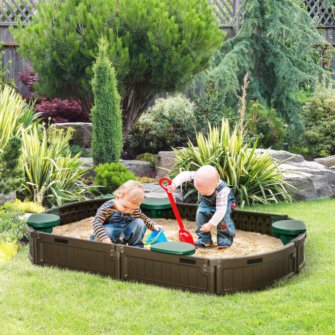 Outsunny Kids Outdoor Sandbox with Cover Garden Bed, Easy Assembly Children's Oval Sandbox for Backyard, Brown, 72" x 41.25" x 8.75" - Image 2