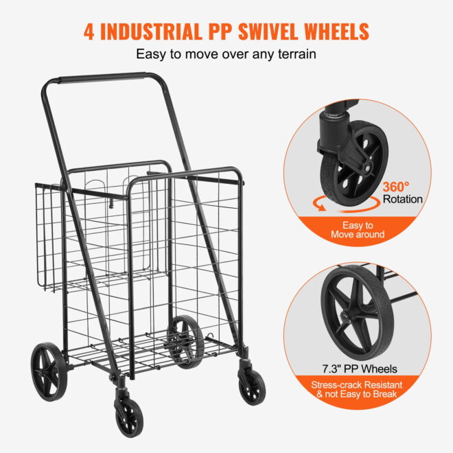 VEVOR Folding Shopping Cart, Jumbo Grocery Cart with Double Baskets, 360° Swivel Wheels, Heavy Duty Utility Cart, 110 LBS Large Capacity Utility Cart for Laundry, Shopping, Grocery, Luggage - Image 4