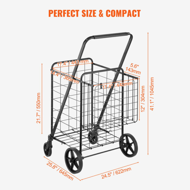 VEVOR Folding Shopping Cart, Jumbo Grocery Cart with Double Baskets, 360° Swivel Wheels, Heavy Duty Utility Cart, 110 LBS Large Capacity Utility Cart for Laundry, Shopping, Grocery, Luggage - Image 6