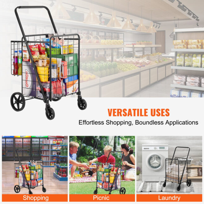 VEVOR Folding Shopping Cart, Jumbo Grocery Cart with Double Baskets, 360° Swivel Wheels, Heavy Duty Utility Cart, 110 LBS Large Capacity Utility Cart for Laundry, Shopping, Grocery, Luggage - Image 7
