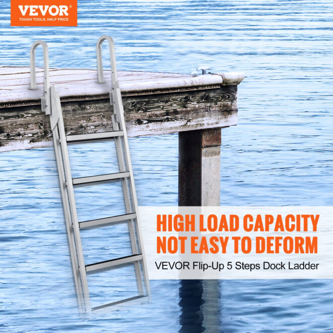 VEVOR Dock Ladder Flip Up 5 Steps, 350lbs Load Capacity, Aluminum Pontoon Boat Ladder with 4" Wide Step & Nonslip Rubber Mat,Swimm Step Ladder for Ship/Lake/Pool/Marine Boarding - Image 2