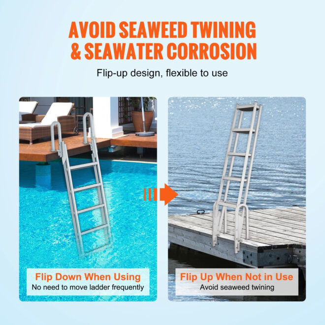 VEVOR Dock Ladder Flip Up 5 Steps, 350lbs Load Capacity, Aluminum Pontoon Boat Ladder with 4" Wide Step & Nonslip Rubber Mat,Swimm Step Ladder for Ship/Lake/Pool/Marine Boarding - Image 3