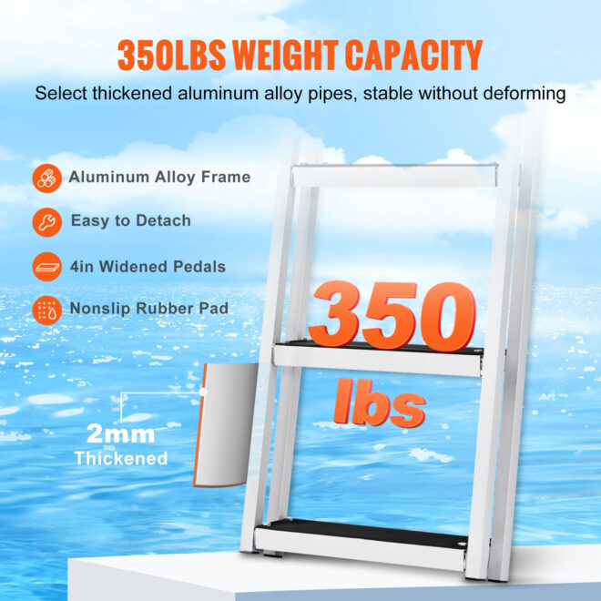 VEVOR Dock Ladder Flip Up 5 Steps, 350lbs Load Capacity, Aluminum Pontoon Boat Ladder with 4" Wide Step & Nonslip Rubber Mat,Swimm Step Ladder for Ship/Lake/Pool/Marine Boarding - Image 4