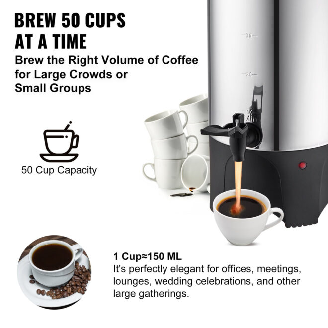 VEVOR Commercial Coffee Urn 50 Cup Stainless Steel Coffee Dispenser Fast Brew - Image 3