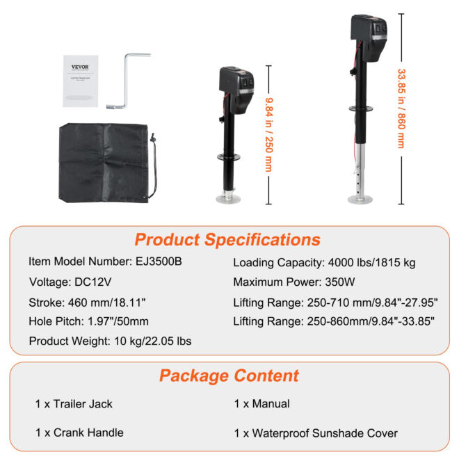 VEVOR Electric Trailer Jack, Power Tongue Jack Weight Capacity 4000 lbs, 9.84"-33.85" Electric Tongue Jack with Waterproof Cover for Lifting RV Trailer, Horse Trailer, Utility Trailer, Yacht Trailer - Image 7