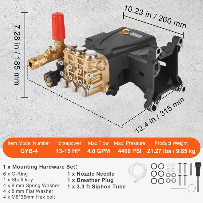 VEVOR Pressure Washer Pump, 1" Shaft Horizontal Triplex Plunger, 4400 PSI, 4 GPM Flow, Replacement Power Washer Pumps Kit, Parts Washer Pump, Compatible with Simpson MorFlex Models 40224, 40225, 40226 - Image 7