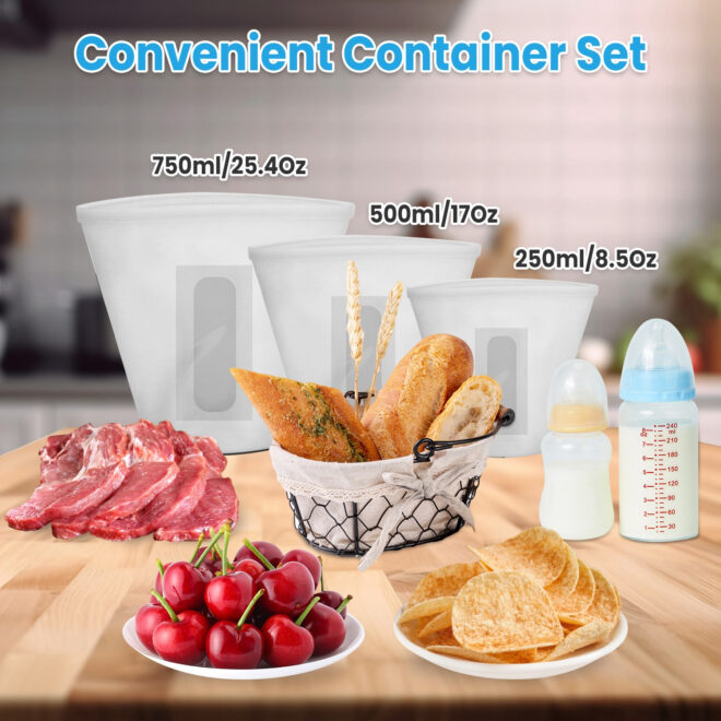 3Pcs Silicone Food Storage Bags Reusable Leakproof Food Container Set with 3 Seals Microwave Dishwasher Safe Environment Friendly 8.5Oz/17Oz/25.4Oz - Image 2