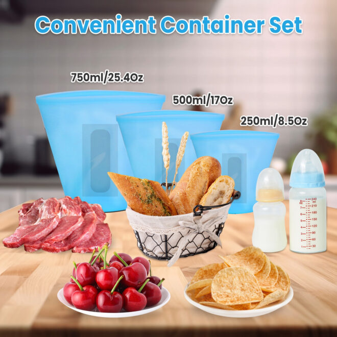3Pcs Silicone Food Storage Bags Reusable Leakproof Food Container Set with 3 Seals Microwave Dishwasher Safe Environment Friendly 8.5Oz/17Oz/25.4Oz - Image 8