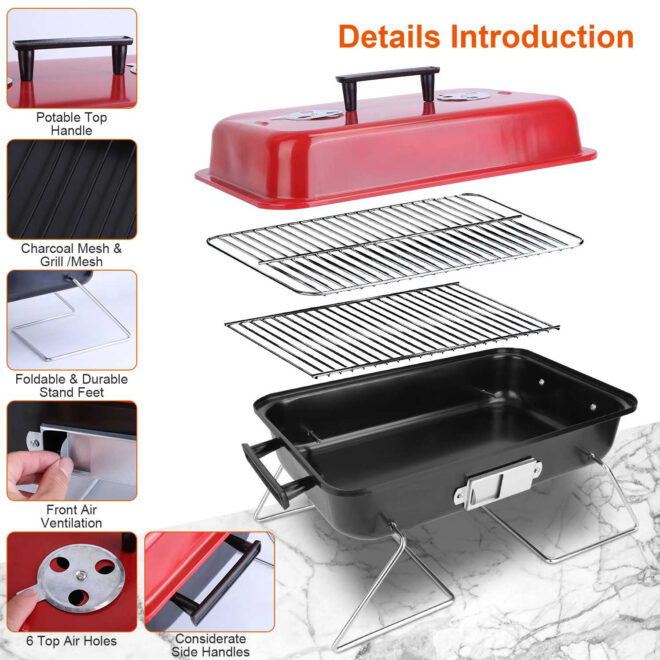Portable Charcoal Grill Outdoor Tabletop Grill Small Barbecue Smoker Folding BBQ Grill with Lid for Backyard Camping Picnics Beach - Image 2