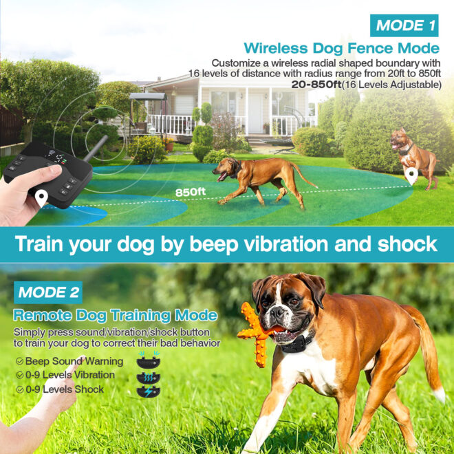 2 In 1 Wireless Electric Dog Fence Waterproof Pet Shock Boundary Containment System Electric Training Collar for Small Medium Large Dogs - Image 2