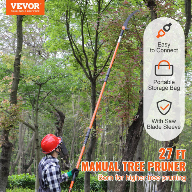 VEVOR Manual Pole Saw, 7.3-27 ft Extendable Tree Pruner, Sharp Steel Blade High Branches Trimming, Manual Branch Trimmer with Lightweight 8 Fiberglass Handles, for Pruning Palms and Shrubs - Image 2