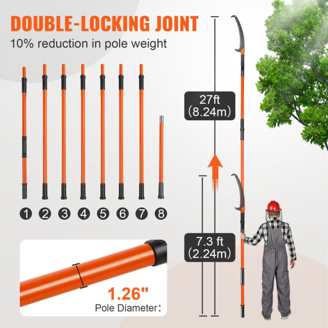 VEVOR Manual Pole Saw, 7.3-27 ft Extendable Tree Pruner, Sharp Steel Blade High Branches Trimming, Manual Branch Trimmer with Lightweight 8 Fiberglass Handles, for Pruning Palms and Shrubs - Image 3