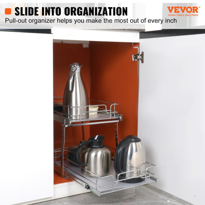 VEVOR 2 Tier 14"W x 21"D Pull Out Cabinet Organizer, Heavy Duty Slide Out Pantry Shelves, Chrome-Plated Steel Roll Out Drawers, Sliding Drawer Storage for Inside Kitchen Cabinet, Bathroom, Under Sink - Image 2