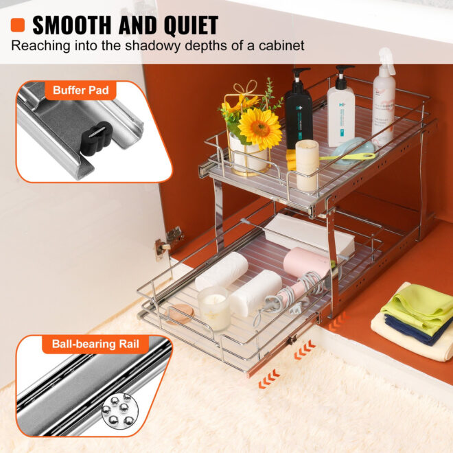 VEVOR 2 Tier 14"W x 21"D Pull Out Cabinet Organizer, Heavy Duty Slide Out Pantry Shelves, Chrome-Plated Steel Roll Out Drawers, Sliding Drawer Storage for Inside Kitchen Cabinet, Bathroom, Under Sink - Image 3