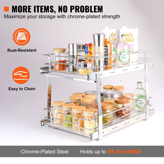 VEVOR 2 Tier 14"W x 21"D Pull Out Cabinet Organizer, Heavy Duty Slide Out Pantry Shelves, Chrome-Plated Steel Roll Out Drawers, Sliding Drawer Storage for Inside Kitchen Cabinet, Bathroom, Under Sink - Image 4
