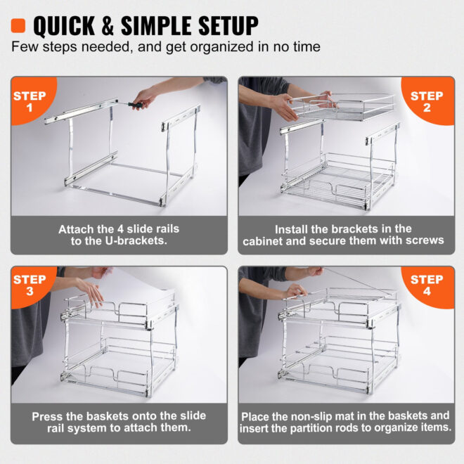 VEVOR 2 Tier 14"W x 21"D Pull Out Cabinet Organizer, Heavy Duty Slide Out Pantry Shelves, Chrome-Plated Steel Roll Out Drawers, Sliding Drawer Storage for Inside Kitchen Cabinet, Bathroom, Under Sink - Image 5