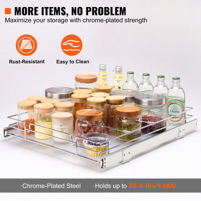 VEVOR 20"W x 21"D Pull Out Cabinet Organizer, Heavy Duty Slide Out Pantry Shelves, Chrome-Plated Steel Roll Out Drawers, Sliding Drawer Storage for Home, Inside Kitchen Cabinet, Bathroom, Under Sink - Image 4