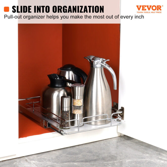 VEVOR 11"W x 21"D Pull Out Cabinet Organizer, Heavy Duty Slide Out Pantry Shelves, Chrome-Plated Steel Roll Out Drawers, Sliding Drawer Storage for Home, Inside Kitchen Cabinet, Bathroom, Under Sink - Image 2