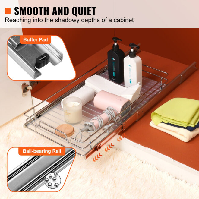 VEVOR 11"W x 21"D Pull Out Cabinet Organizer, Heavy Duty Slide Out Pantry Shelves, Chrome-Plated Steel Roll Out Drawers, Sliding Drawer Storage for Home, Inside Kitchen Cabinet, Bathroom, Under Sink - Image 3
