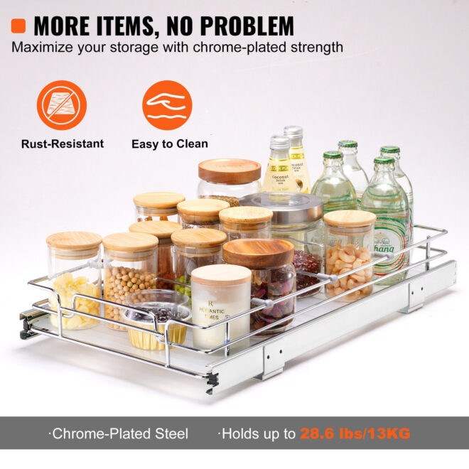 VEVOR 11"W x 21"D Pull Out Cabinet Organizer, Heavy Duty Slide Out Pantry Shelves, Chrome-Plated Steel Roll Out Drawers, Sliding Drawer Storage for Home, Inside Kitchen Cabinet, Bathroom, Under Sink - Image 4