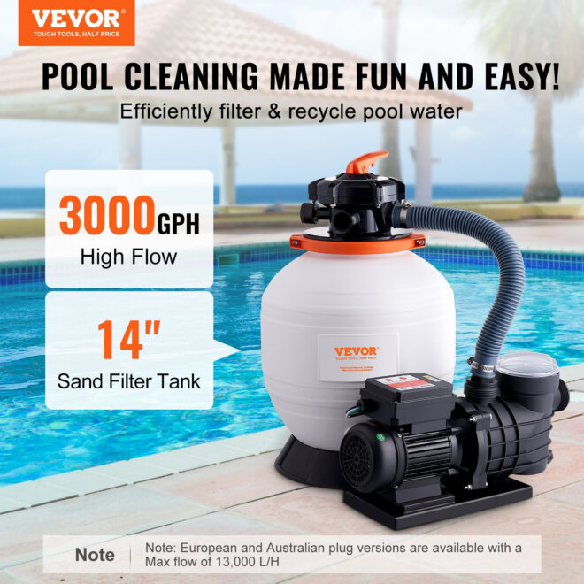 VEVOR Sand Filter Pump for Above Ground Pools, 14-inch, 3000 GPH, 3/4 HP Swimming Pool Pumps System & Filters Combo Set with 6-Way Multi-Port Valve & Strainer Basket, for Domestic and Commercial Pools - Image 2