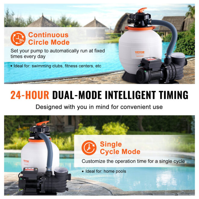 VEVOR Sand Filter Pump for Above Ground Pools, 14-inch, 3000 GPH, 3/4 HP Swimming Pool Pumps System & Filters Combo Set with 6-Way Multi-Port Valve & Strainer Basket, for Domestic and Commercial Pools - Image 3
