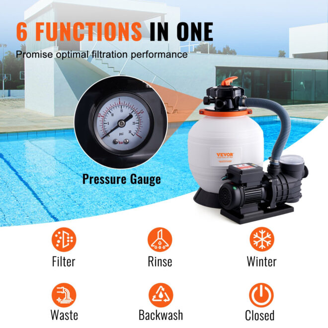 VEVOR Sand Filter Pump for Above Ground Pools, 14-inch, 3000 GPH, 3/4 HP Swimming Pool Pumps System & Filters Combo Set with 6-Way Multi-Port Valve & Strainer Basket, for Domestic and Commercial Pools - Image 4