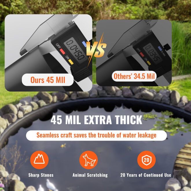 VEVOR Pond Liner, 15 x 20 ft 45 Mil Thickness, Pliable EPDM Material Pond Skins, Easy Cutting Underlayment for Fish or Koi Ponds, Water Features, Waterfall Base, Fountains, Water Gardens, Black - Image 4