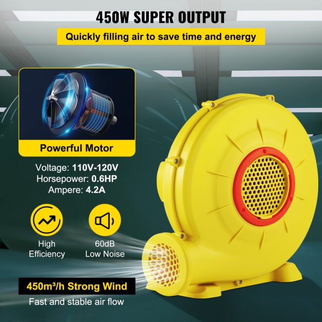 VEVOR Air Blower, 450W 0.6HP Inflatable Blower, Portable and Powerful Bounce House Blower, 1750Pa Commercial Air Blower Pump Fan, Used for Inflatable Bouncy Castle and Jump Slides, Yellow - Image 3