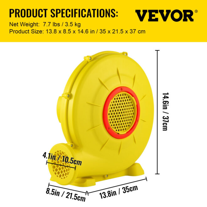 VEVOR Air Blower, 450W 0.6HP Inflatable Blower, Portable and Powerful Bounce House Blower, 1750Pa Commercial Air Blower Pump Fan, Used for Inflatable Bouncy Castle and Jump Slides, Yellow - Image 7