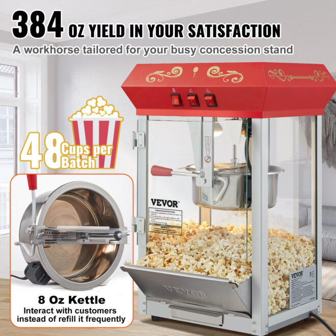 VEVOR Popcorn Popper Machine 8 Oz Countertop Popcorn Maker 850W 48 Cups Red - Image 3