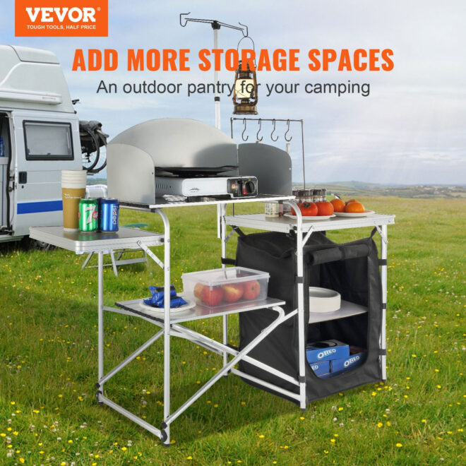 VEVOR Camping Kitchen Table, Folding Outdoor Cooking Table with Storage Carrying Bag, Aluminum Cook Station 1 Cupboard & Detachable Windscreen, Quick Set-up for Picnics, BBQ, RV Traveling, Black - Image 2