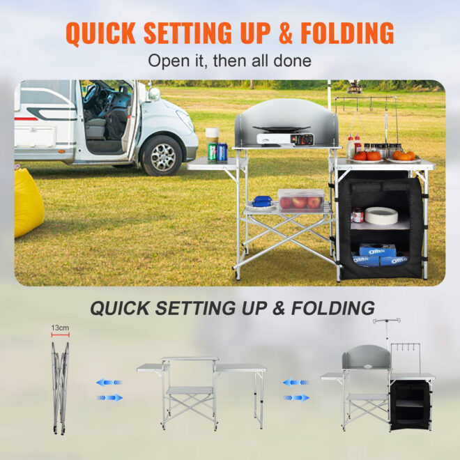 VEVOR Camping Kitchen Table, Folding Outdoor Cooking Table with Storage Carrying Bag, Aluminum Cook Station 1 Cupboard & Detachable Windscreen, Quick Set-up for Picnics, BBQ, RV Traveling, Black - Image 3