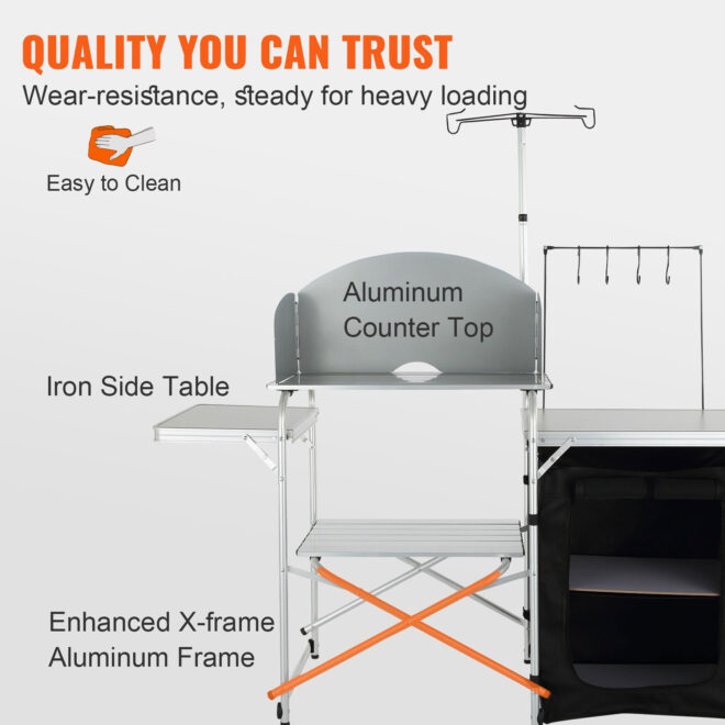 VEVOR Camping Kitchen Table, Folding Outdoor Cooking Table with Storage Carrying Bag, Aluminum Cook Station 1 Cupboard & Detachable Windscreen, Quick Set-up for Picnics, BBQ, RV Traveling, Black - Image 4